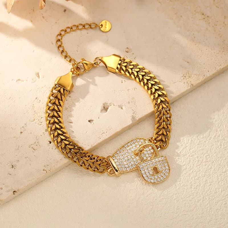 Brățară din oțel inoxidabil cu charm lacăt și pietre rhinestone