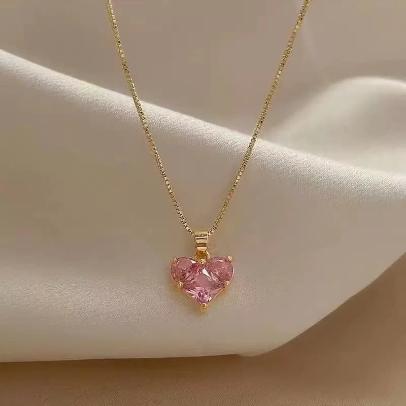 Pink Zirconia Heart Necklace and Earrings Set
