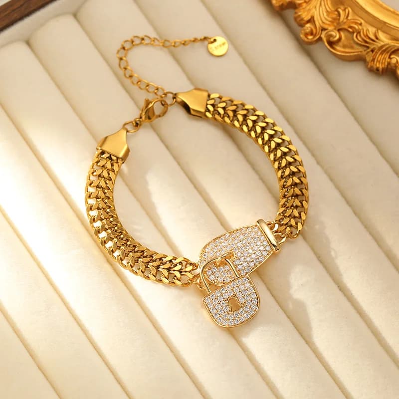 Brățară din oțel inoxidabil cu charm lacăt și pietre rhinestone