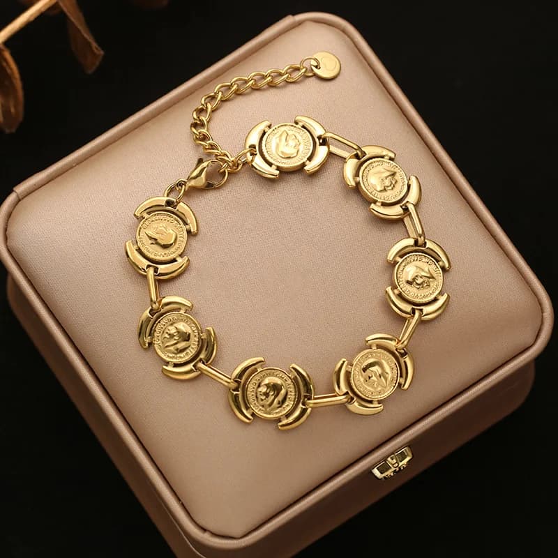 Gold Color Round Portrait Bangle Bracelet
