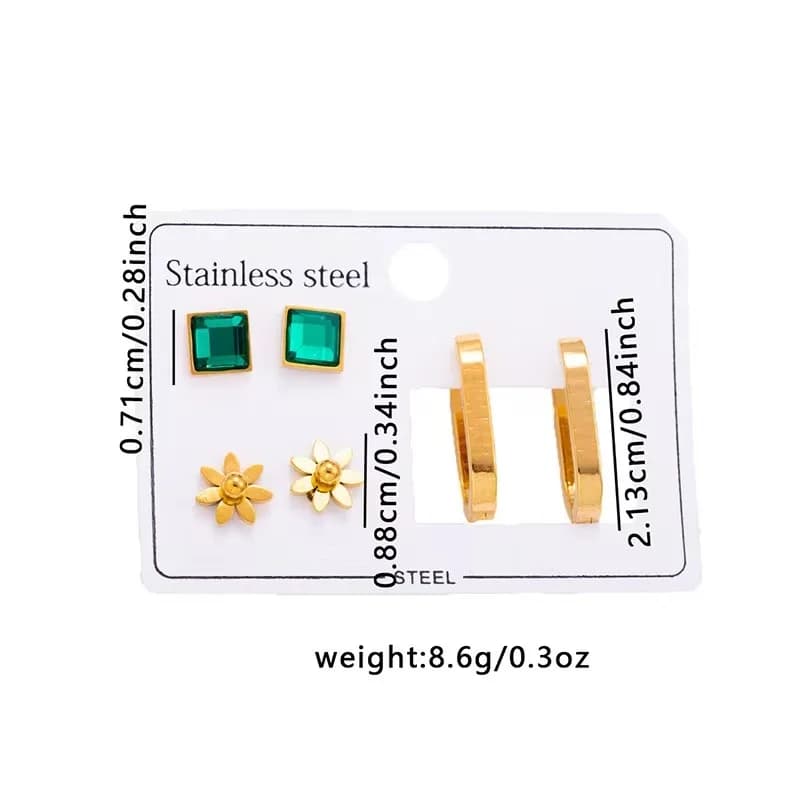 Set cercei cu flori din zirconiu verde, 3 perechi