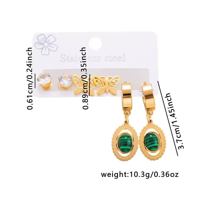 Set 3 perechi cercei stud cu pietre verzi ovale și design fluture