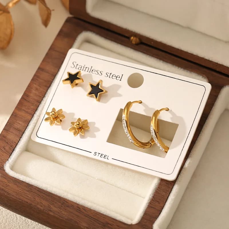 Set de 3 perechi cercei cu țintă și studuri: stea, floare și cerc