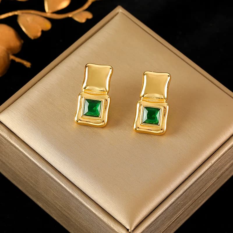 Cercei tip stud din oțel inoxidabil 316L, pătrați, cu cristal verde