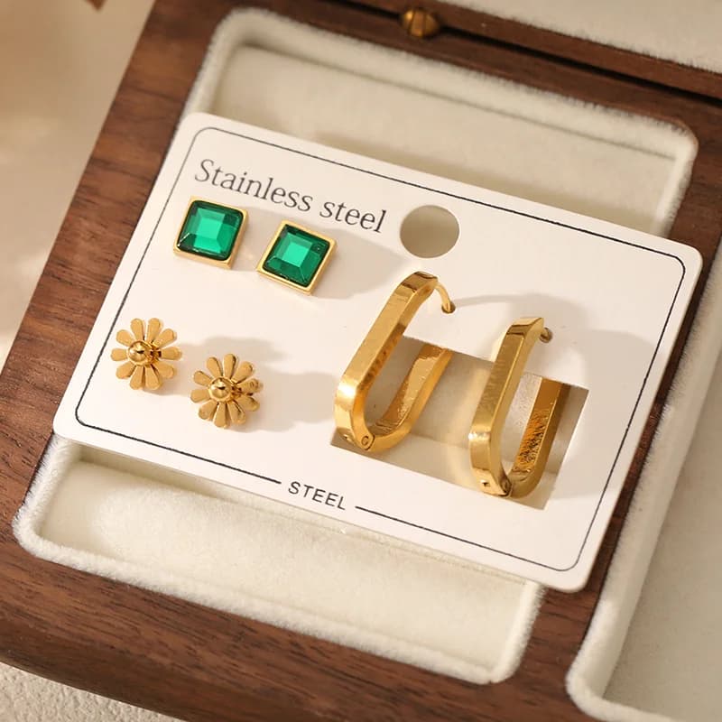 Set cercei cu flori din zirconiu verde, 3 perechi
