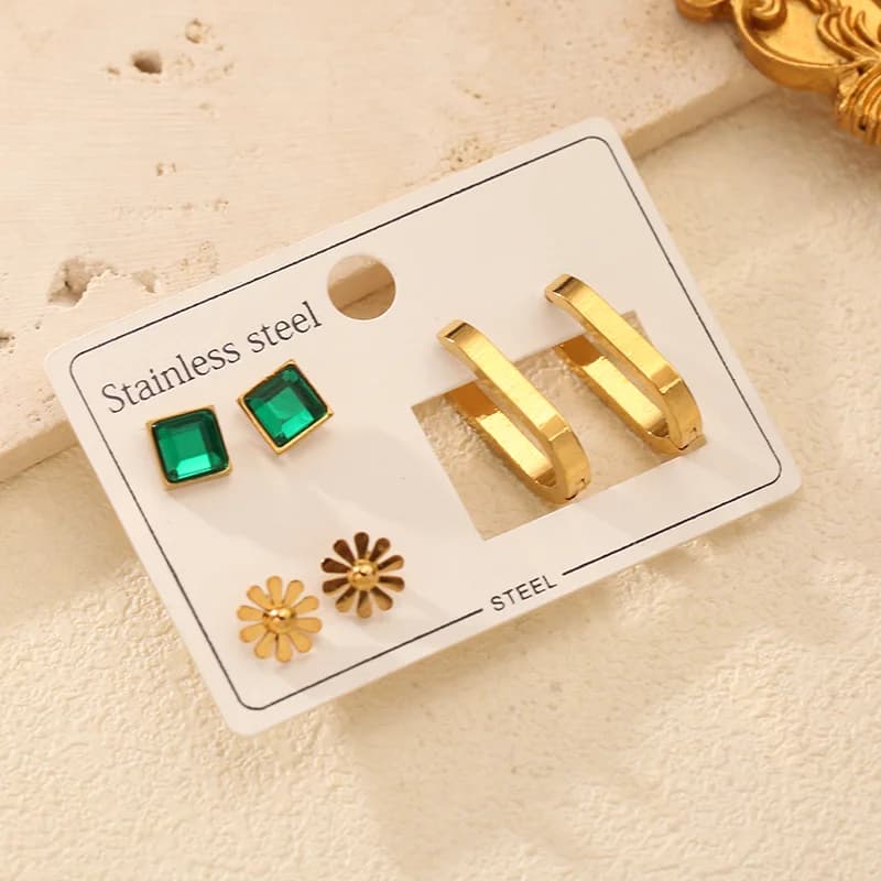 Set cercei cu flori din zirconiu verde, 3 perechi