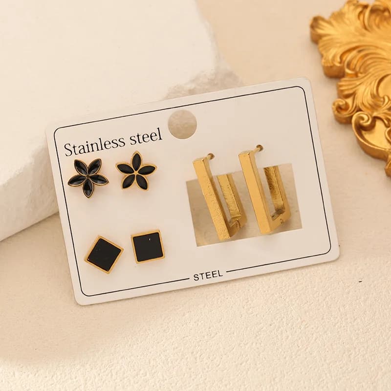 Set cercei tip stud cu design floral geometric negru (3 perechi)