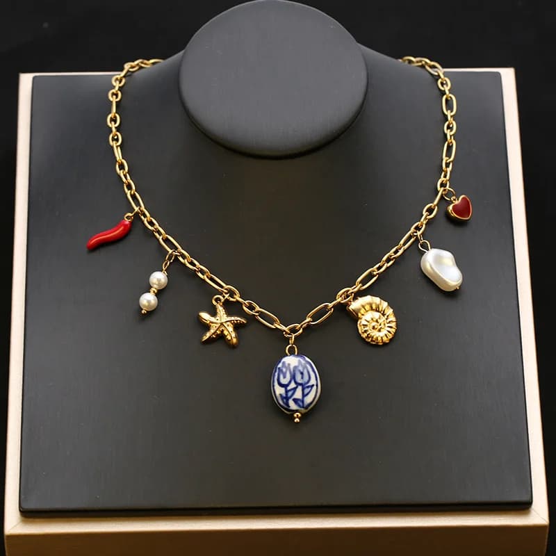 316L Stainless Steel Gold Pearl Celadon Drop Necklace