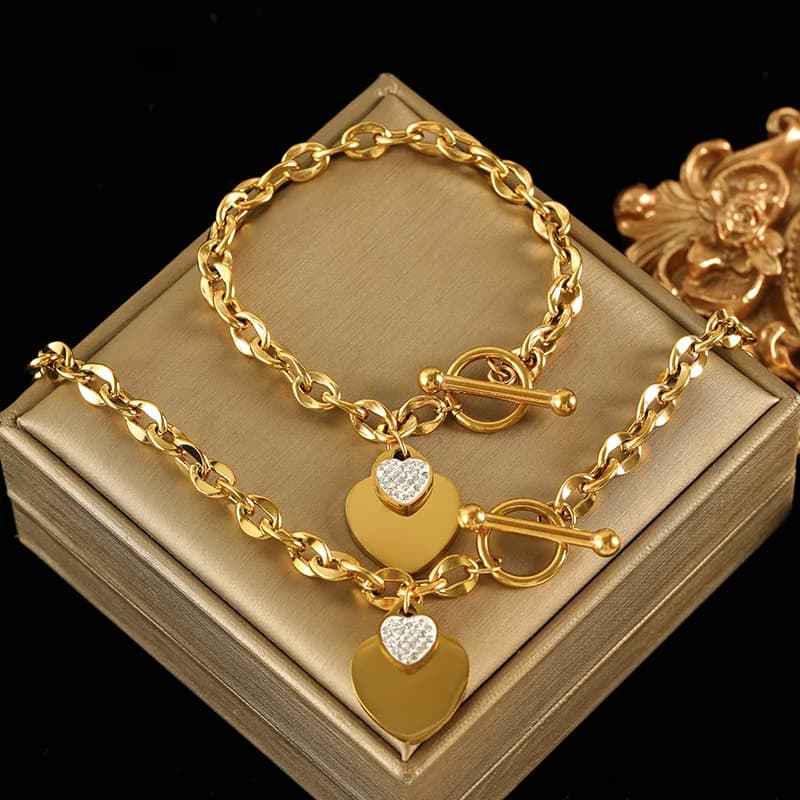 Double Heart Necklace and Bracelet Set, Silver