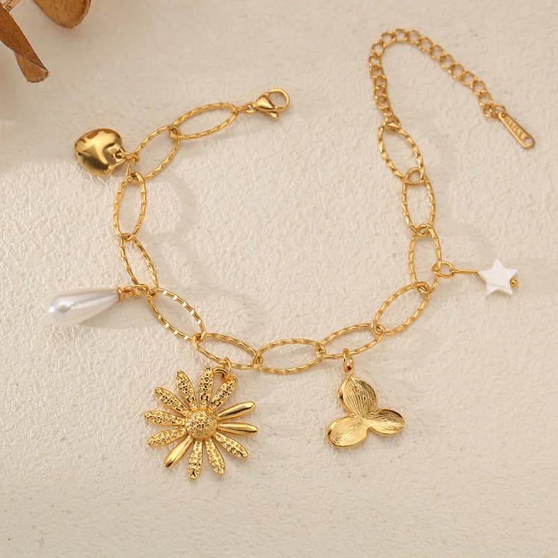 Brățară herringbone cu charm flori și perle, aur 18K