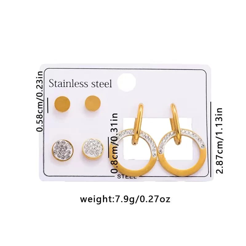 Set cercei stud rotunzi cu zirconia cubică, 3 perechi