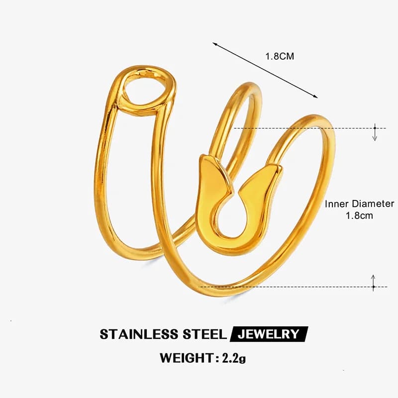 Pin Shape Adjustable Open Ring, 18K Gold PVD Plated