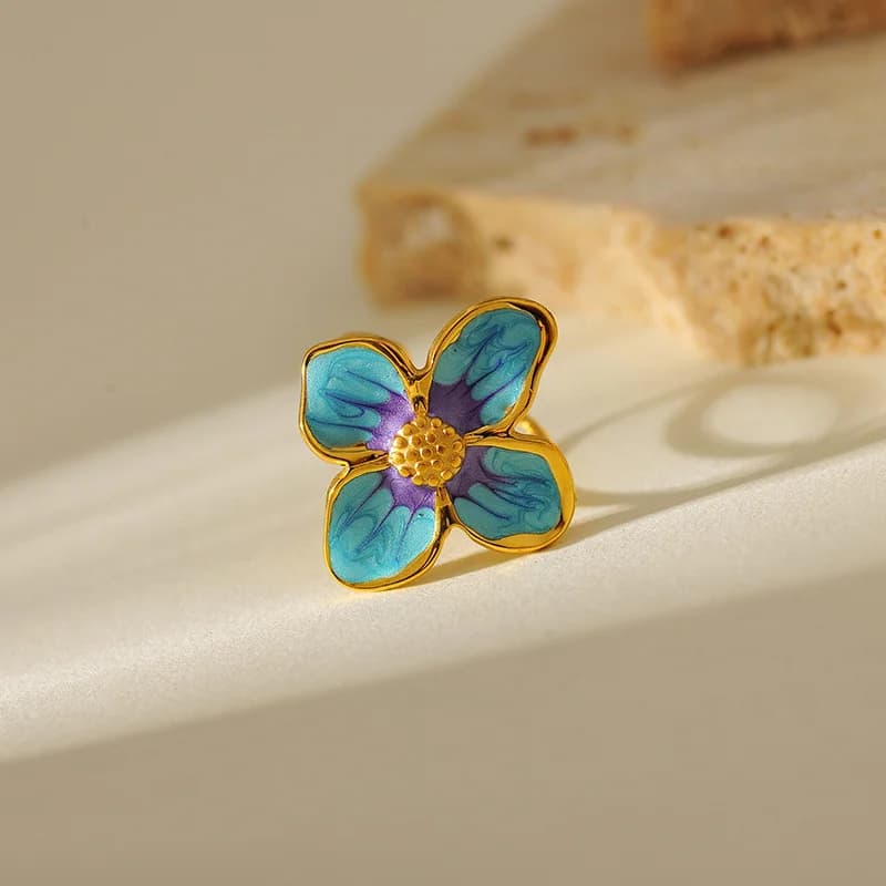 Enamel Leaf Open Adjustable Ring