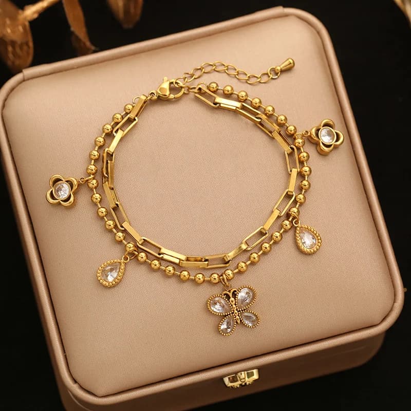 Brățară herringbone cu charm flori și perle, aur 18K
