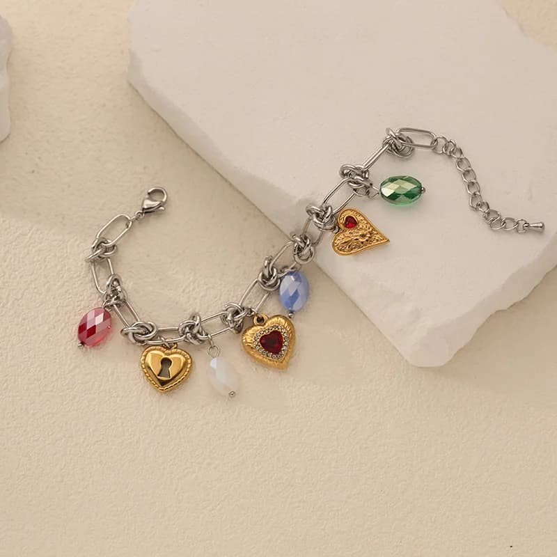 Bangle brățară din oțel inoxidabil cu brelocuri inimă și zirconiu
